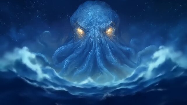 Mysterious underwater creature emerging from dark waters against starry sky