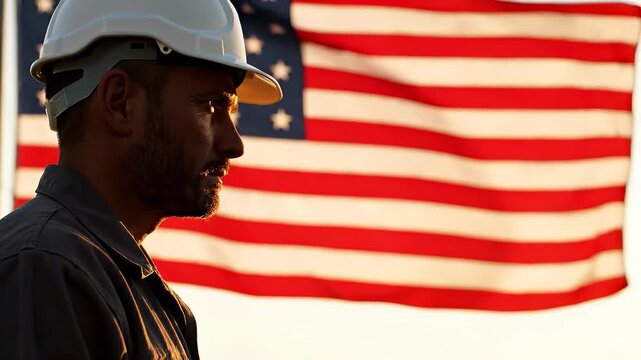 American Industrial Worker in Hard Hat with US Flag Background at Sunset
