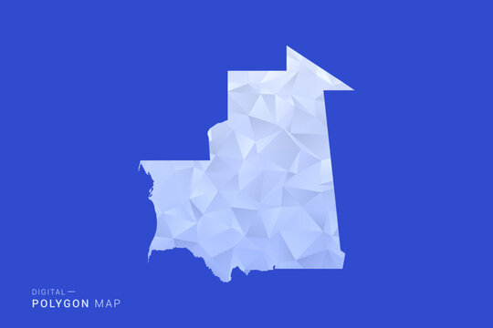 Mauritania Map - Polygon Style Vector Illustration in Blue and White Gradient, Low Poly Geometric Design, Isolated on Solid Background for Infographics and Digital Use.