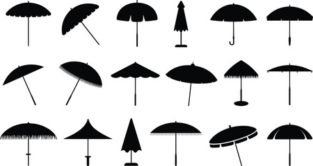 Collection of various black umbrellas and parasols in different styles and shapes on a white background © Frd Art