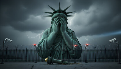 Fototapeta premium Statue of Liberty with covered face amid stormy sky and surveillance 