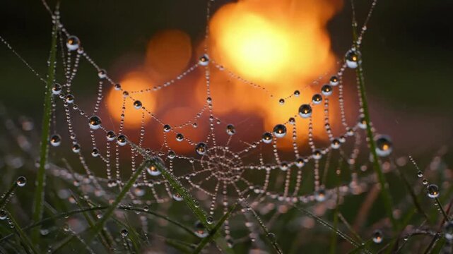 Nature's Glittering Canvas A close-up view of dew-covered foliage, grass, or spiderwebs in a natural setting, shimmering with the ambient, golden-orange firelight.