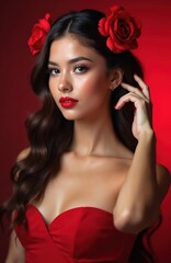 Young brunette woman red dress red flowers hair studio red background. Glamour fashion makeup style beauty portrait, elegant female pose. Red lips, wavy hair.