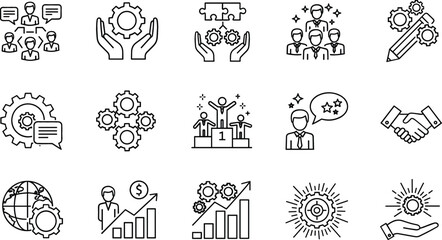 Obraz premium Business Strategy and Teamwork Icon Set with Leadership, Analytics, Growth Charts, Collaboration, Innovation, and Management Line Symbols