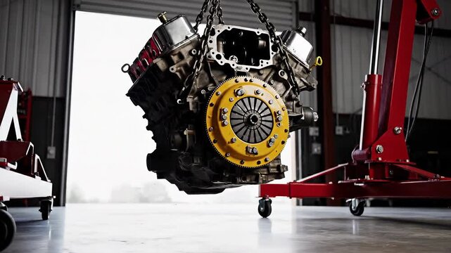 High performance car engine suspended by a hydraulic hoist in a professional automotive workshop