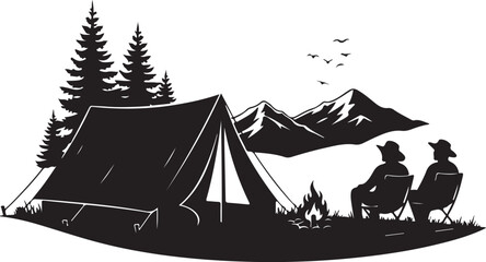 Camping scene with two people sitting by a campfire in the mountains near a tent © Md. Habibur