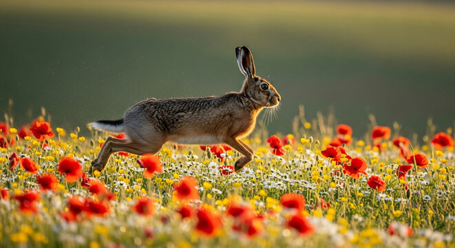 A beautiful wild brown hare gracefully sprints through a vibrant field filled with bright red poppies at sunset.