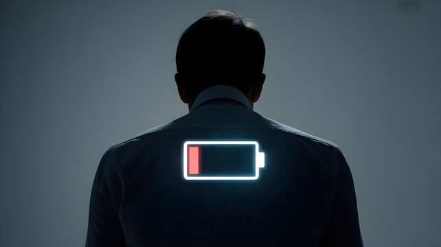 Businessman silhouette displaying a low battery icon glowing on his back symbolizing extreme exhaustion and need for energy recharge