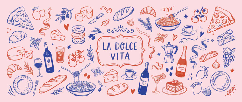 Crayon or brush drawn doodle sketch Italian brunch clipart set. Hand drawn food ink illustration with poster template. Doodle sketch whimsical mediterranean brunch, picnic or dinner illustration.