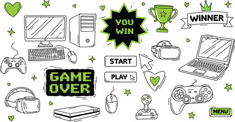 Gaming Doodle Elements Set with Console Controller VR Headset Computer and Game UI Hand Drawn Vector Illustration © MstRanzina