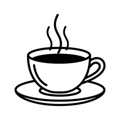 Black outline illustration of a steaming hot coffee cup on transparent background. on transparent background