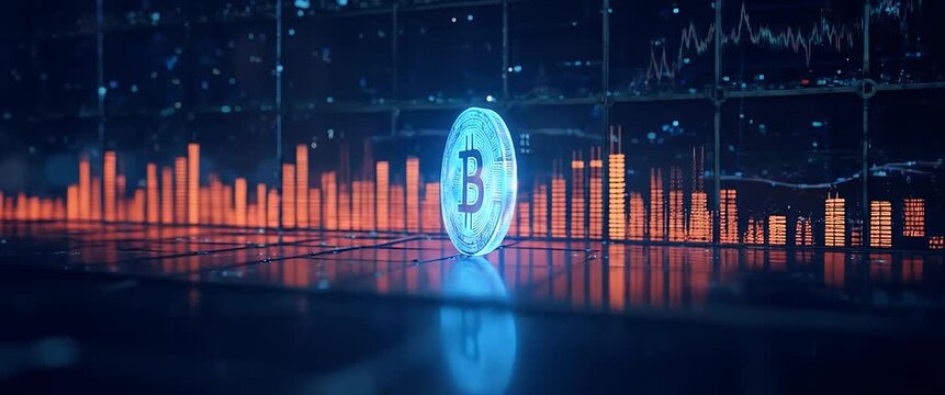 Futuristic cryptocurrency visual with a Bitcoin spinning against a digital stock market backdrop, while the camera slowly pans to reveal glowing data charts in a cinematic style.