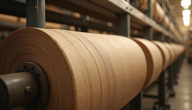 Large brown paper rolls stacked on shelves in a manufacturing facility. Close-up detail of textured organic material in a factory. Industrial production of paper goods.
