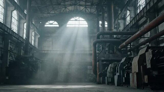 Abandoned Industrial Serenity Capture the quiet, almost melancholic beauty of a disused industrial space, bathed in soft light.