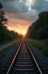 Obraz premium Train tracks stretch toward dramatic sunset sky over rich green landscape. Railway line disappears into horizon, surrounded by trees, grass. Empty path offers sense of journey, tranquility at dusk.