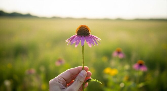 Close-up hand holding purple flower Echinacea purpurea in sunny meadow with blurred background with space around