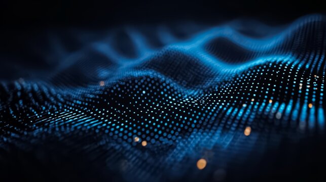 Blue wave with dots on it. The dots are small and scattered throughout the wave. The image has a futuristic