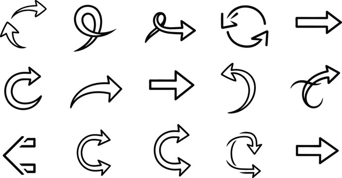Arrow Icon Set with Curved, Circular, Loop, Refresh, and Directional Navigation Symbols for Web Interface and Workflow Design