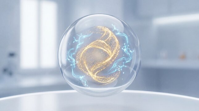 Glowing molecule beauty particles skincare technology energy, futuristic sphere floating in bright clean laboratory, innovation and vitality concept
