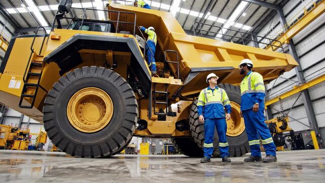 Engineers in High Visibility Gear Performing Maintenance on a Massive Industrial Mining Truck