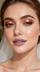 Front facing symmetrical beauty portrait with smooth flawless skin and natural nude makeup. Premium cosmetic branding concept, high fashion skincare campaign aesthetic.
