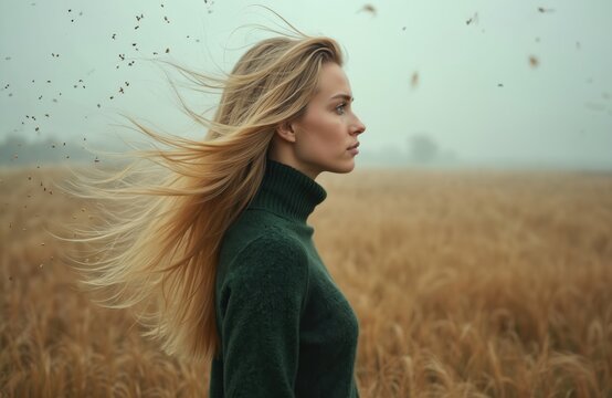 Blonde woman with hair blowing in wind stands in golden field wearing dark green sweater. Outdoor natural scene with soft light and distant trees.