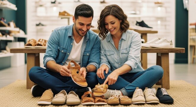 Happy couple shopping together, trying shoes in modern store