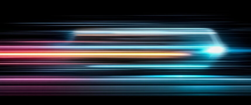 Car is speeding down a road with a bright light shining on it. The light is blue and purple