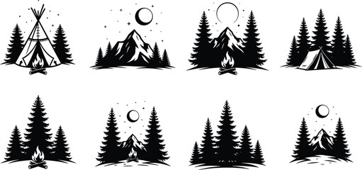Fototapeta premium Set of Camping and Nature Illustrations Featuring Tents, Campfires, Pine Trees, Mountains, and Celestial Elements in Black-and-White Artwork