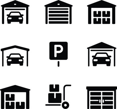 Set of modern garage icons with parking signs and industrial symbols