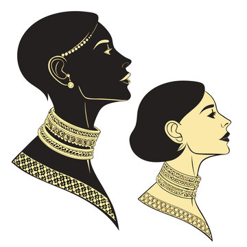 Gold jewelry on women with neck stretched woman stretched neck