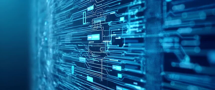 Futuristic digital data streams flow across a glowing interface; the camera slowly pans, revealing intricate network patterns in a cinematic style, ideal for technology and innovation themes.