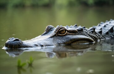 Obraz premium American alligator swims in murky water. Reptile shows eye and scales above surface. Its long scaly body stretches into the pond. Dangerous predator lurks.