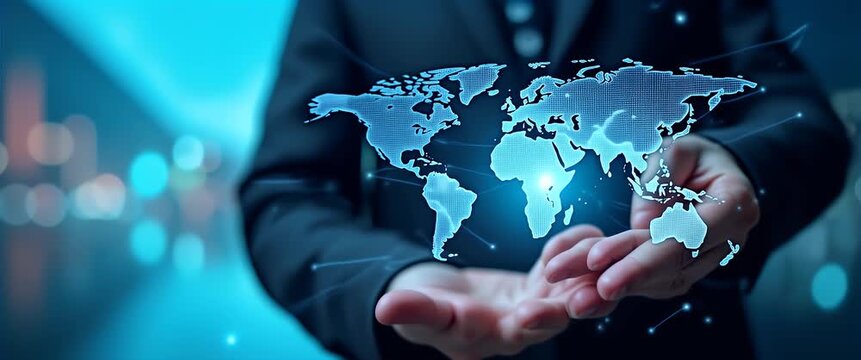 Businessman's hands cradle a digital world map as city lights flicker in the background; camera slowly pans across the scene, capturing the futuristic, cinematic ambiance.