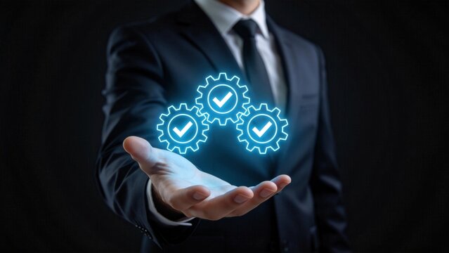 Business process optimization concept with glowing gears and checkmarks in hand,quality management workflow automation and operational efficiency improvement strategy