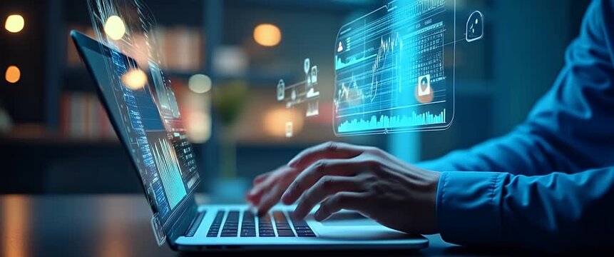 Business professional analyzing data on laptop with holographic graphs, hands typing in focus, gentle ambient light flickers, slow panning camera, cinematic style.