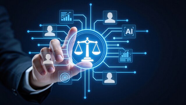 Businessman touching digital balance scale icon with AI and data network interface,concept of artificial intelligence ethics,regulation,compliance and responsible technology governance