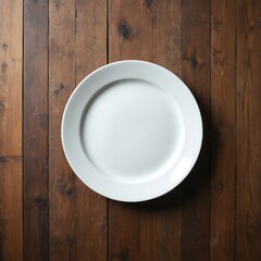 Plain white dinner plate sits centered on rustic dark brown wooden table. Clean surface offers ample copy space for text graphics. Ideal for food blogs recipes restaurant menus minimalist design