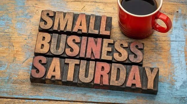 Small Business Saturday letterpress text with coffee mug on rustic wood. Promoting local businesses and entrepreneurship.