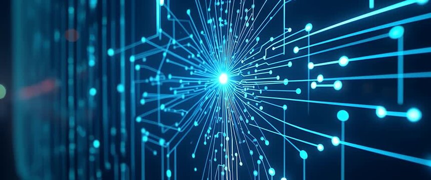 Glowing network nodes pulse with data flow in a futuristic digital grid, as the camera gently pans sideways, capturing the ambient shimmer of lights in a cinematic, tech-inspired style.