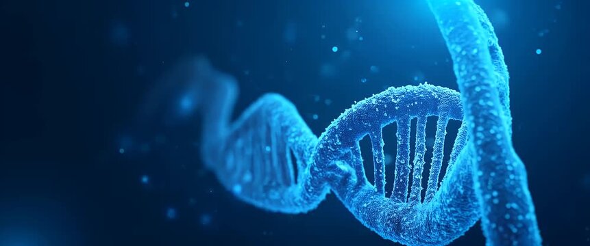 Glowing DNA strand gently rotates as the camera pans slowly, with ambient particles floating in a deep blue cinematic background, creating a captivating biotechnology visual.
