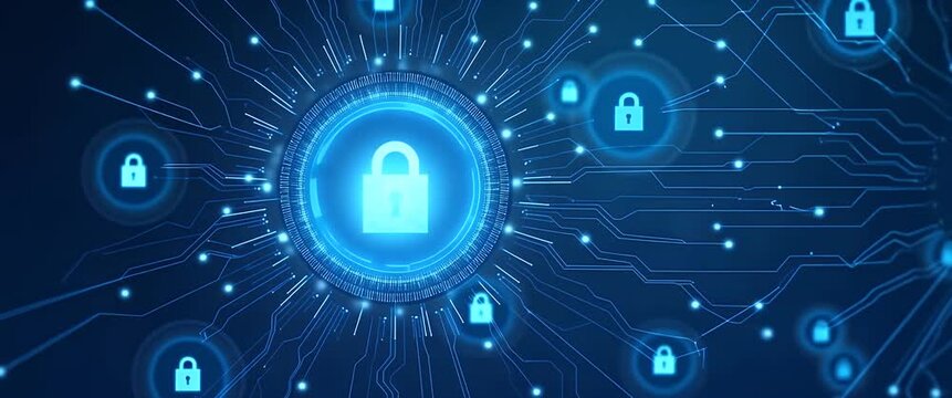 A glowing padlock icon pulses at the center of a digital network interface, while the camera slowly pans to reveal circuit patterns in a futuristic, cinematic style, emphasizing cybersecurity and data