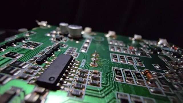 Macro steady shot of a high-quality electronic circuit board focusing on a copper wire inductor coil and electrolytic capacitors on a green PCB.