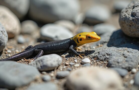 Yellow headed black lizard walks on rocky ground. Reptile with scaly skin moves through natural stone habitat. Wildlife animal explores rocky terrain in sunlight.