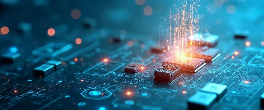 Futuristic microchip emits glowing data streams on high-tech circuit board, with gentle ambient motion and slow pan in a cinematic, digital innovation showcase.