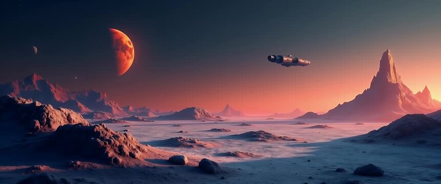 Futuristic spacecraft glides smoothly over an alien desert landscape, with a slow cinematic pan capturing the serene beauty of distant planets and sunlit rocky formations.