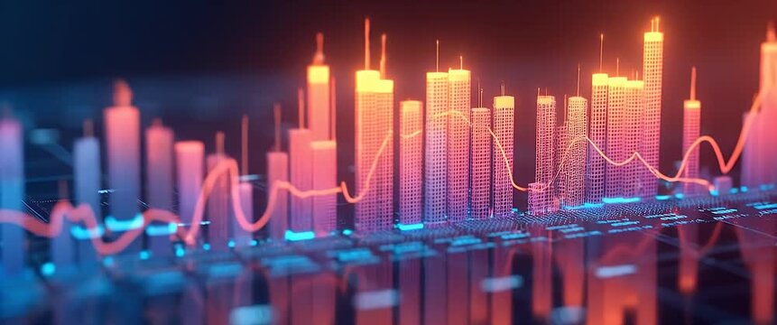 Dynamic financial graph lines fluctuate on a digital screen with a slow zoom-in, showcasing real-time data analysis in a cinematic, tech-driven scene.
