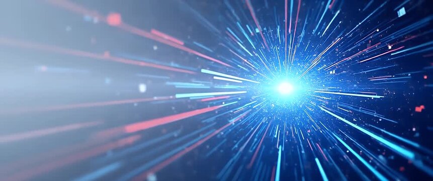 Dynamic light beams radiate outward with a slow camera zoom, creating a futuristic, cinematic experience with ambient motion and ample copy space for technology-themed content.