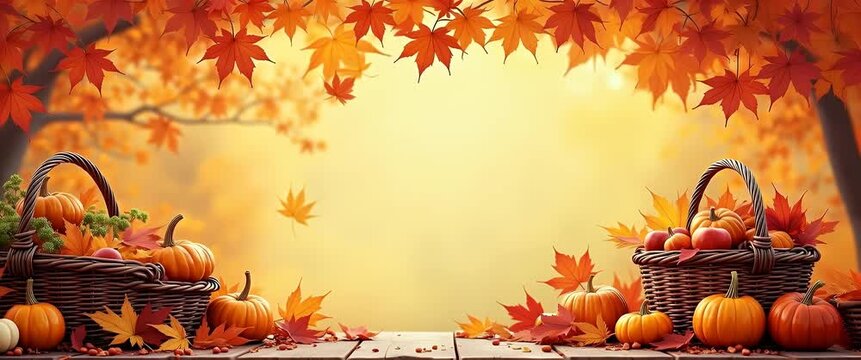 Autumn leaves gently sway around baskets of pumpkins as the camera slowly pans across a serene harvest scene, creating a warm, inviting cinematic atmosphere perfect for seasonal themes.