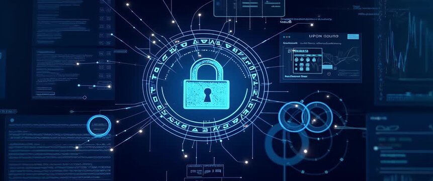 Futuristic cybersecurity interface with animated digital locks and data flow; camera slowly pans across the screen while holographic elements pulse and flicker in a cinematic style.